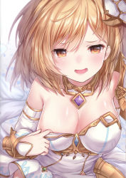 Rule 34 | 1girl, absurdres, armor, bare shoulders, blonde hair, blush, breasts, brown eyes, cleavage, detached collar, djeeta (granblue fantasy), dress, glorybringer (granblue fantasy), gold trim, granblue fantasy, hair ornament, highres, lips, medium breasts, open mouth, pulled by self, scan, shiny skin, short hair, shoulder armor, simple background, sleeveless, solo, topia, upper body