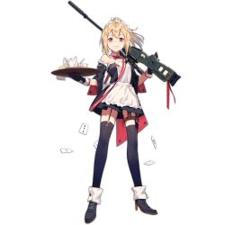 Rule 34 | 1girl, apron, blonde hair, bolt action, card, detached sleeves, full body, garter straps, girls&#039; frontline, gun, high heels, huanxiang heitu, looking at viewer, maid, maid apron, maid headdress, official alternate costume, official art, over shoulder, playing card, ponytail, red eyes, rifle, scope, skirt, smile, sniper rifle, solo, sv-98, sv-98 (girls&#039; frontline), sv-98 (waitress) (girls&#039; frontline), thighhighs, thumbhole stock, transparent background, tray, weapon