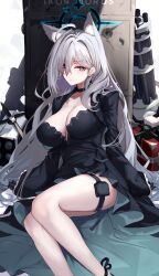 Rule 34 | 1girl, animal ears, black choker, black gloves, blue archive, breasts, choker, cleavage, closed mouth, commentary request, feet out of frame, gloves, grey eyes, grey hair, hair ornament, halo, highres, large breasts, long hair, long sleeves, looking at viewer, ninoude (ninoude44), shiroko (blue archive), shiroko terror (blue archive), sitting, solo, thigh strap, thighs