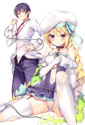 Rule 34 | 1boy, 1girl, arm support, ayuma sayu, bare shoulders, beret, blonde hair, blush, braid, chain, cover, cover page, dress, elbow gloves, gloves, hand on own chest, hat, holding, jacket, jewelry, long hair, long sleeves, looking at viewer, navel, necklace, novel cover, novel illustration, official art, original, panties, pantyshot, purple eyes, purple hair, purple neckwear, short dress, short hair, sitting, sleeveless, spread legs, thighhighs, torn clothes, torn legwear, underwear, white background, white gloves, white jacket, white panties, white thighhighs, zettai ryouiki