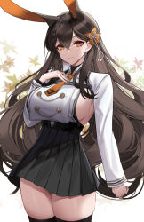 Rule 34 | 1girl, absurdres, animal ears, azur lane, black hair, black skirt, black thighhighs, braid, breast curtain, breasts, brown eyes, chikuma (azur lane), closed mouth, collared shirt, commentary request, cowboy shot, earrings, eternity (shadeh), flower, hair between eyes, hair flower, hair ornament, hand up, high-waist skirt, highres, jewelry, large breasts, long hair, long sleeves, looking at viewer, mole, mole under mouth, necktie, orange necktie, pleated skirt, rabbit ears, shirt, sideboob, skindentation, skirt, smile, solo, standing, thighhighs, thighs, very long hair, white shirt, zettai ryouiki