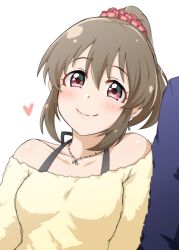 Rule 34 | 1girl, blush, breasts, brown hair, commentary request, hair ornament, hair scrunchie, heart, high ponytail, highres, hori yuko, idolmaster, idolmaster cinderella girls, jewelry, looking at viewer, medium breasts, necklace, off-shoulder sweater, off shoulder, ponytail, red eyes, scrunchie, simple background, smile, solo focus, sweater, upper body, wasabi (wasalongt), white background