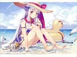 Rule 34 | 1girl, absurdres, anklet, azur lane, barefoot, beach, bikini, bird, breasts, cleavage, cloud, cloudy sky, cygnet (azur lane), day, feet, flower, flower necklace, frilled bikini, frills, full body, hat, hat ribbon, highres, innertube, jewelry, large breasts, lei, long hair, maya g, necklace, ocean, outdoors, pink eyes, purple eyes, ribbon, rubber duck, scan, seagull, silver hair, sitting, sky, solo, straw hat, sun hat, swim ring, swimsuit, toes, very long hair, water