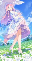 Rule 34 | 1girl, absurdres, blue bonnet, blue bow, blue eyes, blue flower, blue sky, blush, bonnet, bow, clothes grab, cloud, curly hair, day, dress, dress bow, drill hair, flower, flower ornament, frilled dress, frills, glasses, grass, happy, high heels, highres, holding, holding umbrella, hop3, horns, layered dress, long hair, long sleeves, mountain, mountainous horizon, open mouth, original, outdoors, parted bangs, pink hair, rose, round eyewear, shadow, sidelocks, single horn, sky, solo, standing, teeth, tongue, tree, umbrella, unicorn horn, upper teeth only, white flower, white horns, white rose, white umbrella