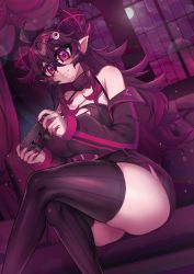 Rule 34 | 1girl, absurdres, ass, black hair, black thighhighs, breasts, choker, controller, couch, crossed legs, curvy, double bun, elizabeth von mountbatten (osiimi), fang, fang out, female focus, game console, goth fashion, hair bun, highres, huge breasts, indie virtual youtuber, jacket, long hair, looking at viewer, merryweather, moonlight, night, night sky, off shoulder, osiimi, pale skin, pointy ears, ribbed legwear, sitting, sky, smile, solo, thick thighs, thighhighs, thighs, vampire, virtual youtuber, window