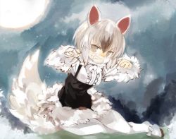 Rule 34 | 10s, 1girl, anteater ears, anteater tail, bow, bowtie, center frills, commentary request, fang, frills, fur collar, grey hair, kemono friends, konabetate, long sleeves, multicolored hair, pantyhose, short hair, shorts, solo, southern tamandua (kemono friends), suspenders, sweatdrop, white hair
