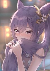 Rule 34 | 1girl, bare arms, bare shoulders, blurry, blush, braid, cone hair bun, covering own mouth, depth of field, dust, eyelashes, flower, genshin impact, hair bun, hair flower, hair ornament, hair over mouth, highres, holding, holding hair, keqing (genshin impact), light particles, light purple hair, long hair, looking at viewer, marinesnow, nose blush, pink eyes, solo, tsurime, twintails, upper body, white flower
