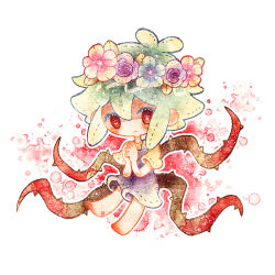 Rule 34 | 1boy, barefoot, basil (headspace) (omori), basil (omori), blonde hair, blush, chibi, closed mouth, coyura (coyura o0), flower, full body, green hair, hair flower, hair ornament, head wreath, looking at viewer, omori, overall shorts, overalls, own hands together, plant, red eyes, shirt, short hair, short sleeves, solo, vines, yellow shirt
