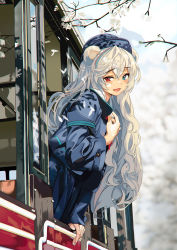 Rule 34 | 1girl, :d, absurdres, alternate costume, animal ears, arknights, arm support, auguste, bear ears, black coat, blue eyes, blue hair, blue headwear, branch, coat, commentary request, day, from side, heterochromia, highres, leaning forward, long hair, long sleeves, looking at viewer, looking to the side, multicolored hair, open mouth, outdoors, petals, red eyes, red hair, rosa (arknights), silver hair, smile, solo, spring (season), streaked hair, train, very long hair, wavy hair