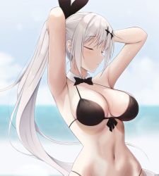 Rule 34 | 1girl, armpits, arms up, bad id, bad pixiv id, bare arms, bare shoulders, bikini, black bikini, bow, bowtie, breasts, cleavage, closed eyes, detached collar, five-seven (cruise queen) (girls&#039; frontline), five-seven (girls&#039; frontline), front-tie bikini top, front-tie top, girls&#039; frontline, hair ornament, hair ribbon, halterneck, highres, keenh, large breasts, long hair, navel, official alternate costume, ponytail, ribbon, sidelocks, silver hair, solo, stomach, strap gap, string bikini, swimsuit, very long hair, wet