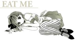 Rule 34 | 1girl, ankle strap, anzu (o6v6o), apron, card, crossed ankles, detached sleeves, dress, eat me (vocaloid), frown, greyscale, gumi, hair ribbon, hairband, lying, monochrome, on side, pantyhose, playing card, ribbon, shoes, short hair with long locks, solo, song name, striped clothes, striped pantyhose, vertical-striped clothes, vertical-striped pantyhose, vocaloid