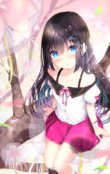 Rule 34 | 1girl, :o, bare shoulders, black footwear, black hair, blue eyes, blush, collarbone, commentary request, dolphin hair ornament, feet out of frame, hair between eyes, hair ornament, hairclip, highres, kouda suzu, loafers, long hair, looking at viewer, off-shoulder shirt, off shoulder, original, parted lips, pink skirt, pleated skirt, puffy short sleeves, puffy sleeves, see-through, shirt, shoes, short sleeves, sitting, skirt, socks, solo, very long hair, white shirt, white socks