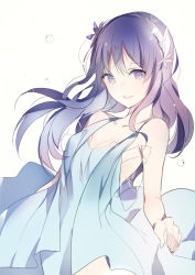 Rule 34 | 1girl, bare shoulders, blue dress, blue eyes, blue hair, breasts, collarbone, dress, female focus, floating hair, flower, hair flower, hair ornament, long hair, looking at viewer, lpip, open mouth, original, parted lips, purple eyes, purple hair, simple background, sleeveless, sleeveless dress, small breasts, smile, solo, standing, very long hair, white background