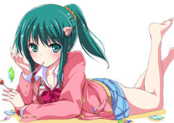 Rule 34 | 1girl, bare legs, barefoot, blue skirt, bow, breasts, candy, candy wrapper, cleavage, collared shirt, food, green eyes, green hair, hair ornament, heart, heart hair ornament, legs up, lollipop, lying, matching hair/eyes, mutou kurihito, on stomach, ponytail, serizawa momoka, shirt, skirt, solo, tokyo 7th sisters