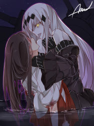 Rule 34 | 10s, 2girls, abyssal ship, aircraft carrier water oni, akagi (kancolle), bare shoulders, black dress, black gloves, blood, blood on clothes, brown hair, colored skin, defeat, detached sleeves, dress, closed eyes, female focus, gloves, hair ornament, hand on another&#039;s back, hand on another&#039;s shoulder, holding, hug, imminent kiss, injury, japanese clothes, kantai collection, long hair, long sleeves, looking at another, mtu (orewamuzituda), multiple girls, night, night sky, ocean, open mouth, pale skin, partially submerged, ribbed dress, sailor dress, sky, tongue, tongue out, turret, very long hair, water, watermark, white hair, white skin, yellow eyes, yuri