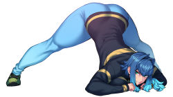 Rule 34 | 1girl, blue hair, breasts, clenched teeth, full body, green eyes, hands on ground, highres, jack-o&#039; challenge, large breasts, meme, original, ponytail, sidelocks, solo, spacezin, spread legs, sweatdrop, teeth, thick thighs, thighs, top-down bottom-up, wide spread legs, zoe (spacezin)