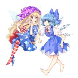 Rule 34 | 2girls, american flag dress, american flag legwear, bad id, bad pixiv id, barefoot, blonde hair, blue bow, blue dress, blue eyes, blue hair, blue legwear, blush, bow, breasts, cheunes, cirno, clenched hand, clownpiece, commentary, dress, fairy wings, floating, full body, hair bow, hands up, hat, highres, ice, ice wings, jester cap, long hair, looking at viewer, medium breasts, mob cap, multiple girls, neck ribbon, neck ruff, no shoes, pantyhose, pinafore dress, polka dot, polka dot headwear, puffy short sleeves, puffy sleeves, purple eyes, purple hat, red dress, red legwear, red ribbon, ribbon, shirt, short hair, short sleeves, simple background, sleeveless, sleeveless dress, smile, star (symbol), star print, striped clothes, striped dress, striped legwear, striped pantyhose, symbol-only commentary, touhou, very long hair, white background, white dress, white legwear, white shirt, wings