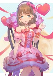 Rule 34 | 1girl, :d, bad id, bad pixiv id, bare shoulders, blue background, blue eyes, blush, bow, bow earrings, brown hair, chair, commentary request, dress, earrings, hair bow, hairband, halftone, halftone background, hand up, heart, highres, idolmaster, idolmaster cinderella girls, idolmaster cinderella girls starlight stage, jewelry, koyoi mitsuki, looking at viewer, open mouth, pink bow, pink dress, puffy short sleeves, puffy sleeves, red ribbon, ribbon, sakuma mayu, short hair, short sleeves, sitting, smile, solo