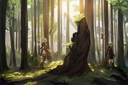 Rule 34 | 1boy, 1girl, android, blindfold, boots, breasts, construction, dress, forest, gatorix, gloves, high heel boots, high heels, nature, nier (series), nier:automata, pale skin, pod (nier:automata), scenery, short hair, shorts, sword, thigh boots, thighhighs, tree, walking, weapon, white hair, 2b (nier:automata), 9s (nier:automata)