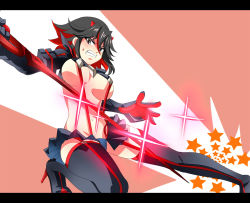Rule 34 | 10s, 1girl, angry, black hair, blush, boots, breasts, clenched teeth, embarrassed, kill la kill, large breasts, letterboxed, matoi ryuuko, multicolored hair, nagare, navel, red hair, revealing clothes, scissor blade (kill la kill), scissors, senketsu, short hair, solo, suspenders, sword, teeth, thigh boots, thighhighs, two-tone hair, weapon