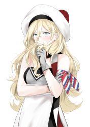 Rule 34 | 1girl, armband, bare shoulders, beret, blonde hair, blue eyes, blush, dress, gloves, grey gloves, hat, highres, kantai collection, long hair, mole, mole under eye, morinaga miki, pom pom (clothes), richelieu (kancolle), simple background, solo, strapless, strapless dress, white background, white dress, white hat