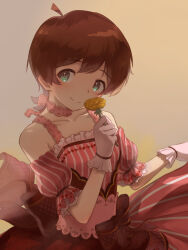 Rule 34 | 1girl, ahoge, bare shoulders, blush, breasts, brown hair, brown ribbon, choker, closed mouth, collarbone, detached sleeves, dot nose, double-parted bangs, dress, flipped hair, flower, frilled dress, frilled gloves, frills, gloves, gradient background, green eyes, head tilt, highres, holding, holding clothes, holding flower, holding skirt, idolmaster, idolmaster million live!, idolmaster million live! theater days, kinoshita hinata, lace, lace choker, light smile, looking at viewer, official alternate costume, pink dress, puffy detached sleeves, puffy sleeves, ribbon, shirafu ne, short hair, sidelocks, simple background, skirt, small breasts, solo, striped clothes, striped dress, upper body, vertical-striped clothes, vertical-striped dress, waist ribbon, white gloves