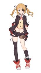 Rule 34 | 1girl, :d, arms at sides, arms behind back, asymmetrical legwear, black jacket, black shorts, black socks, blonde hair, blue eyes, buttons, eyepatch, full body, girls&#039; frontline, grin, hair between eyes, highres, jacket, kneehighs, legs apart, looking at viewer, navel, open mouth, shoelaces, shoes, shone, short shorts, short sleeves, shorts, simple background, single kneehigh, single sock, single thighhigh, skorpion (girls&#039; frontline), smile, socks, solo, standing, teeth, thighhighs, twintails, uneven legwear, white background