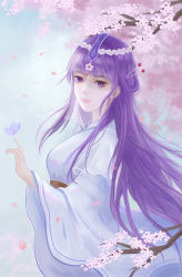 Rule 34 | 1girl, absurdres, blue sky, blurry, blurry background, branch, bug, butterfly, falling petals, flower, from side, hair ornament, hairpin, highres, insect, long hair, looking at viewer, needle, petals, purple hair, shao siming (qin shi ming yue), shao siming zhuye, sky, solo, upper body, veil, zhu xian