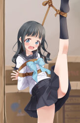 Rule 34 | 1girl, arms behind back, bangle, bdsm, black hair, black sailor collar, blue eyes, blurry, blurry background, bondage, bound, bracelet, collarbone, embarrassed, highres, indoors, jewelry, long hair, looking at viewer, mukanata, neckerchief, no shoes, one leg raised, open mouth, pleated skirt, sailor collar, school uniform, serafuku, shibari, skirt, socks, standing, standing on one leg, tagme, thighs, wavy mouth
