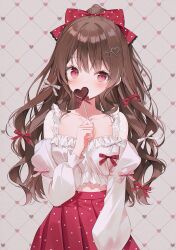 Rule 34 | 1girl, blush, bow, brown hair, candy, collarbone, commentary, covering own mouth, food, frilled shirt, frills, grid background, hair bow, hair ornament, hairclip, heart, heart background, heart hair ornament, highres, holding, holding candy, holding food, holding lollipop, lollipop, long hair, long sleeves, midriff peek, original, pink background, pink skirt, pleated skirt, polka dot, polka dot bow, polka dot skirt, puffy long sleeves, puffy sleeves, red bow, red eyes, shirt, sidelocks, skirt, solo, standing, symbol-only commentary, valentine, weri, white shirt