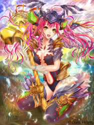 Rule 34 | 1girl, :d, boots, gloves, hammer, headgear, looking at viewer, mjolnir (weapon girls), open mouth, original, outdoors, patterned legwear, pink hair, skirt, smile, solo, sweetwitch, thigh boots, thighhighs, weapon, weapon girls, wings, yellow eyes