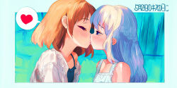Rule 34 | 2girls, blue eyes, blue tank top, braid, breasts, brown hair, closed eyes, collarbone, french braid, french kiss, heart, highres, jacket, kiss, long hair, looking at another, multiple girls, off shoulder, open clothes, open jacket, original, short hair, single bare shoulder, small breasts, speech bubble, spoken heart, tank top, tongue, tongue out, tsukiyono aroe, white hair, white jacket, white tank top, yuri