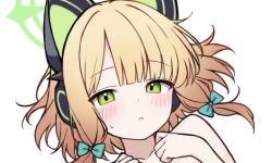 1girl animal_ear_headphones animal_ears blonde_hair blue_archive blush bow cat_ear_headphones code_3dr fake_animal_ears green_bow green_eyes green_halo hair_bow halo headphones looking_at_viewer midori_(blue_archive) nude parted_lips short_hair simple_background solo white_background