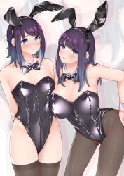 Rule 34 | 2girls, animal ears, armpits, arms behind back, bare shoulders, black bow, black bowtie, black hairband, black leotard, blue eyes, bow, bowtie, breasts, brown pantyhose, brown thighhighs, cleavage, commentary request, detached collar, fake animal ears, hair ornament, hairband, heart, heart hair ornament, highres, large breasts, leaning forward, leotard, long hair, looking at viewer, medium breasts, multiple girls, original, pantyhose, parted lips, playboy bunny, purple hair, rabbit ears, sakura no tomoru hi e, siblings, sidelocks, skindentation, smile, standing, strapless, strapless leotard, swept bangs, thighhighs, thighs, twins, wrist cuffs