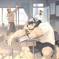 Rule 34 | 3boys, abs, alca (wakatanka4), animal ears, bara, beard, beenic, black fur, black hair, blonde hair, board, bulge, chair, classroom, closed eyes, clothes lift, desk, dog boy, facial hair, furry, furry male, furry with non-furry, glasses, green eyes, hand on own face, interspecies, looking at another, looking to the side, male focus, manly, mature male, multicolored fur, multicolored hair, multiple boys, muscular, muscular male, original, paper, pectorals, peterhl, poster (object), romg, scar, scar across eye, shirt, shirt lift, shoes, short hair, shorts, sleeping, smile, snickers (brand), spiked hair, spread legs, stomach tattoo, stubble, t-shirt, tail, tan, tattoo, teeth, thick arms, thick eyebrows, thick thighs, thighs, undercut, white fur, wristband
