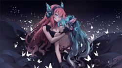 Rule 34 | 2girls, artist name, blue eyes, blue hair, butterfly wings, commentary, commission, english commentary, hatsune miku, headphones, highres, hug, insect wings, long hair, looking at viewer, magnet (vocaloid), megurine luka, multiple girls, pink hair, upper body, vocaloid, wings, yoclesh, yuri