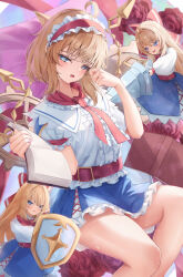 Rule 34 | 1girl, :d, :o, absurdres, alice margatroid, bare legs, blonde hair, blue eyes, blue skirt, blush, book, bow, breasts, commentary request, frilled hairband, frilled skirt, frills, frown, hair between eyes, hair bow, hairband, half-closed eyes, hands up, highres, holding, holding book, holding shield, holding weapon, lolita hairband, long hair, looking at viewer, looking up, medium breasts, medium hair, miniskirt, on bed, open mouth, pennosuke, red bow, red hairband, rubbing eyes, serious, shanghai doll, shield, shirt, sitting, skirt, sleepy, smile, solo, thighs, touhou, very long hair, waking up, weapon, white shirt