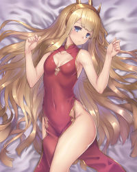 Rule 34 | 1girl, absurdres, armpits, bare arms, bare shoulders, bed sheet, blonde hair, blush, breasts, cagliostro (granblue fantasy), china dress, chinese clothes, cleavage cutout, clothing cutout, collarbone, commentary request, covered navel, cow, crown, dress, eyelashes, granblue fantasy, grey eyes, highres, hip focus, long hair, looking at viewer, lying, no panties, on back, oukawa yuu, pelvic curtain, purple eyes, red dress, side slit, sleeveless, small breasts, solo, thighs, very long hair