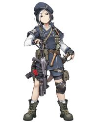 Rule 34 | 1girl, ammunition pouch, anchor symbol, assault rifle, bayonet, belt, belt pouch, bike shorts, bike shorts under shorts, black gloves, black hair, blue hat, boots, brown eyes, buckle, check weapon, closed mouth, collared jacket, cross-laced footwear, dairoku ryouhei, explosive, fingerless gloves, frown, full body, gloves, green footwear, grenade, grenade launcher, grey hat, grey jacket, grey shorts, grid background, gun, gun sling, handgun, hat, hetza (hellshock), holster, holstered, imi galil, jacket, jolly roger, knife, lace-up boots, layered sleeves, long sleeves, looking at viewer, multicolored hair, pistol, pouch, rifle, sheath, sheathed, shirt, short hair, short over long sleeves, short sleeves, shorts, skull and crossbones, snap-fit buckle, socks, solo, standing, stick grenade, streaked hair, thigh pouch, transparent background, weapon, white shirt, white socks