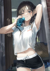 Rule 34 | 1girl, armpits, arms up, bare arms, black hair, black shorts, blue eyes, breasts, cowboy shot, crop top, crop top overhang, cup, dolphin shorts, drinking glass, grin, highres, holding, long hair, looking at viewer, medium breasts, midriff, navel, original, r o ha, shirt, short shorts, short sleeves, shorts, smile, solo, standing, stomach, sweat, uneven eyes, white shirt, wooden floor