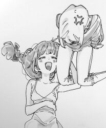 Rule 34 | 2girls, ahoge, anger vein, bare shoulders, blunt bangs, blush, bocchi the rock!, bow, braid, commentary, dress, english commentary, fang, feet out of frame, from above, greyscale, hair bow, half-closed eyes, hand on own stomach, happy, hiroi kikuri, hugging another&#039;s leg, ijichi seika, invisible chair, long hair, looking at another, lying, monochrome, multiple girls, off-shoulder shirt, off shoulder, on back, open mouth, pants, samipeko, shirt, simple background, single braid, sitting, sleeveless, sleeveless dress, strap slip, traditional media, upper body, white background, yokozuwari
