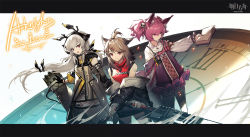 Rule 34 | 3girls, :d, animal ears, arknights, bare shoulders, black gloves, black jacket, book, brown hair, cannon, cutter (arknights), detached sleeves, dress, floating hair, gloves, grey dress, hair ornament, hairband, hairclip, highres, holding, holding sword, holding weapon, jacket, letterboxed, long hair, long sleeves, looking at viewer, multiple girls, off shoulder, open book, open mouth, pink hair, purple jacket, red eyes, red shirt, roman numeral, shamare (arknights), shirt, silver hair, single glove, sleeveless, sleeveless shirt, sleeveless turtleneck, smile, sword, symbol-shaped pupils, turtleneck, twintails, v-shaped eyebrows, very long hair, watermark, weapon, weedy (arknights), white shirt, x hair ornament, xiayehongming