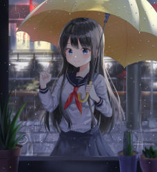 Rule 34 | 1girl, black hair, blue eyes, blue skirt, blurry, commentary request, depth of field, drawing, ekina (1217), heart, highres, holding, index finger raised, long hair, long sleeves, looking at viewer, miniskirt, neckerchief, original, outdoors, plant, pleated skirt, potted plant, rain, sailor collar, school uniform, shirt, sidelocks, skirt, smile, solo, umbrella, water, white shirt