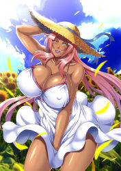 Rule 34 | 1girl, action taimanin, bare shoulders, blush, breasts, cleavage, clothes lift, cloud, cloudy sky, covered erect nipples, dark-skinned female, dark skin, dress, dress lift, field, flower, flower field, hair intakes, hat, highres, huge breasts, ingrid (taimanin asagi), lipstick, long hair, makeup, mifune seijirou, mole, mole under mouth, no bra, pink hair, ribbon-trimmed clothes, ribbon trim, sky, smile, solo, straw hat, sunflower, sunflower field, taimanin (series), taimanin murasaki, thighs, very long hair, wind, wind lift, yellow eyes