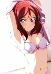Rule 34 | 1girl, armpits, arms up, blush, bow, bow bra, bra, breasts, cleavage, collarbone, highres, indoors, lavender bra, lavender panties, light particles, looking to the side, love live!, love live! school idol project, medium hair, navel, nishikino maki, panties, pink shirt, purple bow, purple eyes, red hair, reno 0901, shirt, small breasts, smile, solo, sunlight, underwear, underwear only, undressing