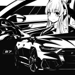 1girl audi audi_s7 blue_archive car closed_mouth collared_shirt commentary driving english_commentary from_side greyscale headgear highres long_hair looking_at_viewer monochrome motor_vehicle necktie noa_(blue_archive) nougat_(73r1r1) shirt signature smile solo steering_wheel upper_body