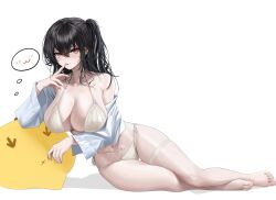 Rule 34 | 1girl, absurdres, anus, azur lane, barefoot, bikini, black hair, breasts, finger to mouth, full body, highres, hs (user hvww8443), large breasts, long hair, lying, manjuu (azur lane), navel, off shoulder, official alternate costume, on side, one side up, red eyes, shirt, simple background, swimsuit, taihou (azur lane), taihou (seaside daydreams) (azur lane), thigh strap, thighs, thought bubble, tongue, tongue out, wet, wet hair, white background, white bikini, white shirt