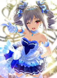 Rule 34 | 10s, 1girl, bare shoulders, breasts, cleavage, clock, dress, drill hair, gloves, gradient background, idolmaster, idolmaster cinderella girls, idolmaster cinderella girls starlight stage, kanzaki ranko, long hair, one eye closed, open mouth, red eyes, silver hair, solo, tiara, twin drills, twintails, urabi (tomatohouse)