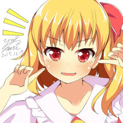 Rule 34 | 1girl, blonde hair, dated, fangs, flandre scarlet, hair ribbon, looking at viewer, open mouth, red eyes, ribbon, side ponytail, smile, solo, touhou, upper body, v-shaped eyebrows, yuimari