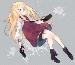 Rule 34 | 1girl, bag, black footwear, black shorts, blonde hair, blue eyes, boots, brown socks, clenched hand, closed mouth, cross-laced footwear, dot mouth, expressionless, full body, grey background, grid background, gun, hair between eyes, handgun, holding, holding gun, holding weapon, jacket, knees together feet apart, lace-up boots, letterman jacket, long hair, long sleeves, looking at viewer, miltea, oversized clothes, rachel gardner, red jacket, satsuriku no tenshi, shorts, shoulder bag, socks, solo, splatter background, weapon